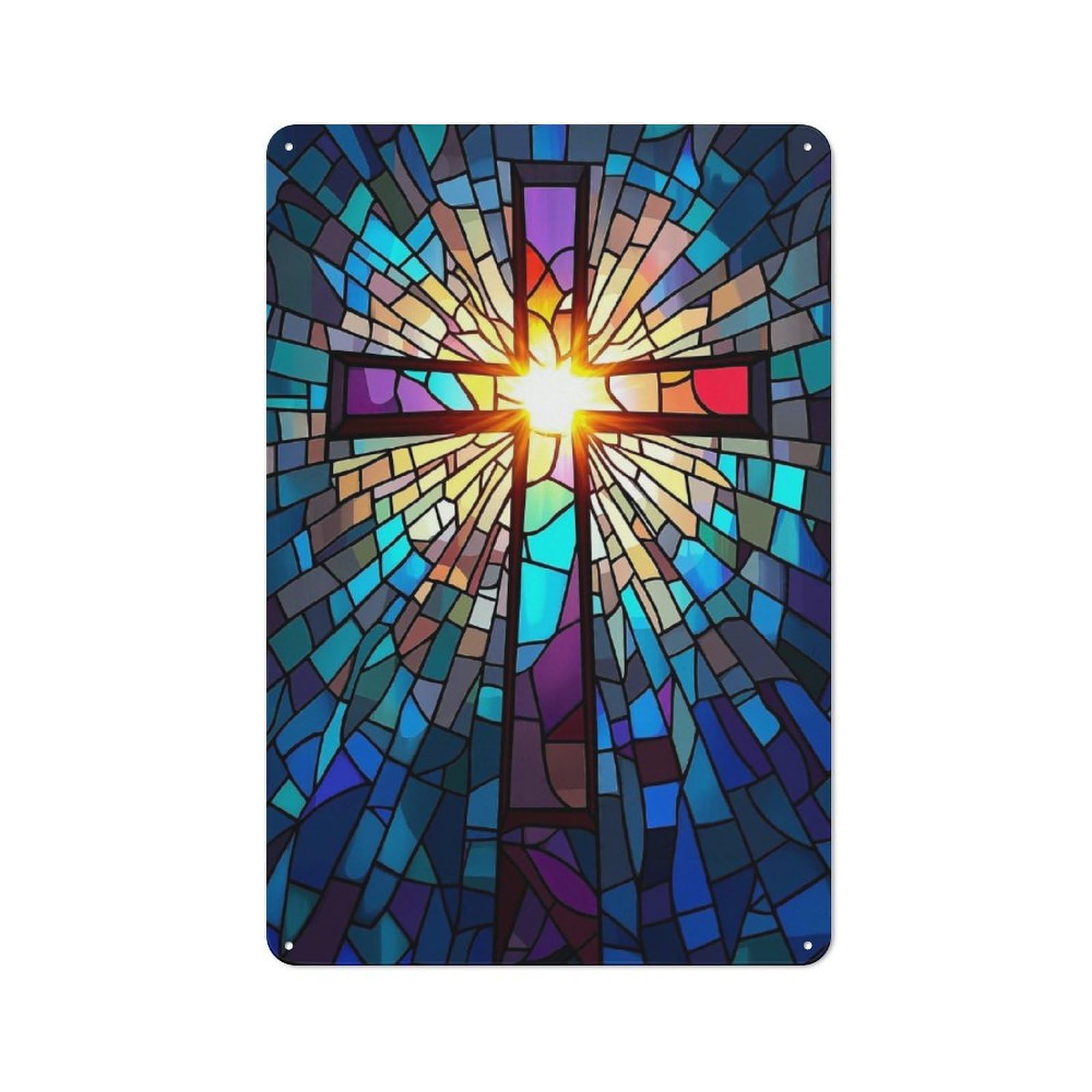 Junmoney Stained Glass Cross Vintage Tin Sign 30X20cm Featuring For Workshop Wall, Gift For Metal Sign Collectors During The Christmas Season