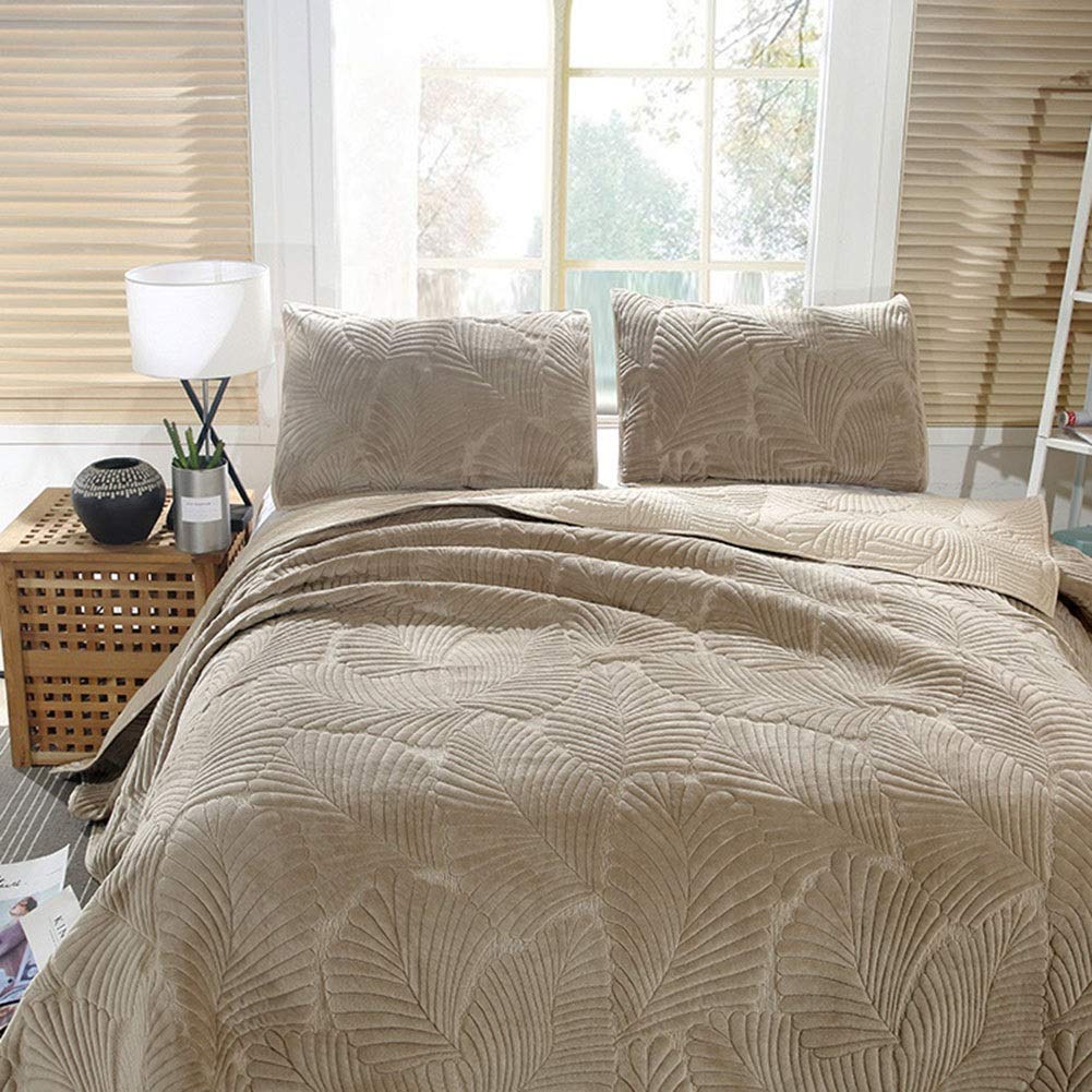 Gesteppte Tagesdecke 3-teilige weiche Plüschdecke Doppelbett Steppdecke Bettüberwurf mit Bananenblattmuster und 2 Kissenbezügen(Khaki,270 * 234cm)