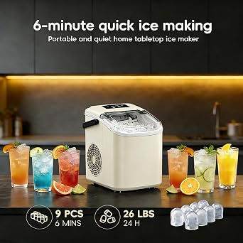 Countertop Ice Maker with Handle, Small Portable Self-Cleaning Ice Machine with Basket and Scoop, 26lbs/24H, 9 Ice Cubes in 6 Mins, for Home, Kitchen, Parties, Camping