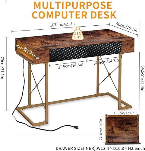 Miniatura 3 de Escritorio de oficina en casa, 42 pulgadas, escritorio moderno de mediados de siglo, tocador de maquillaje, escritorio con 2 cajones de