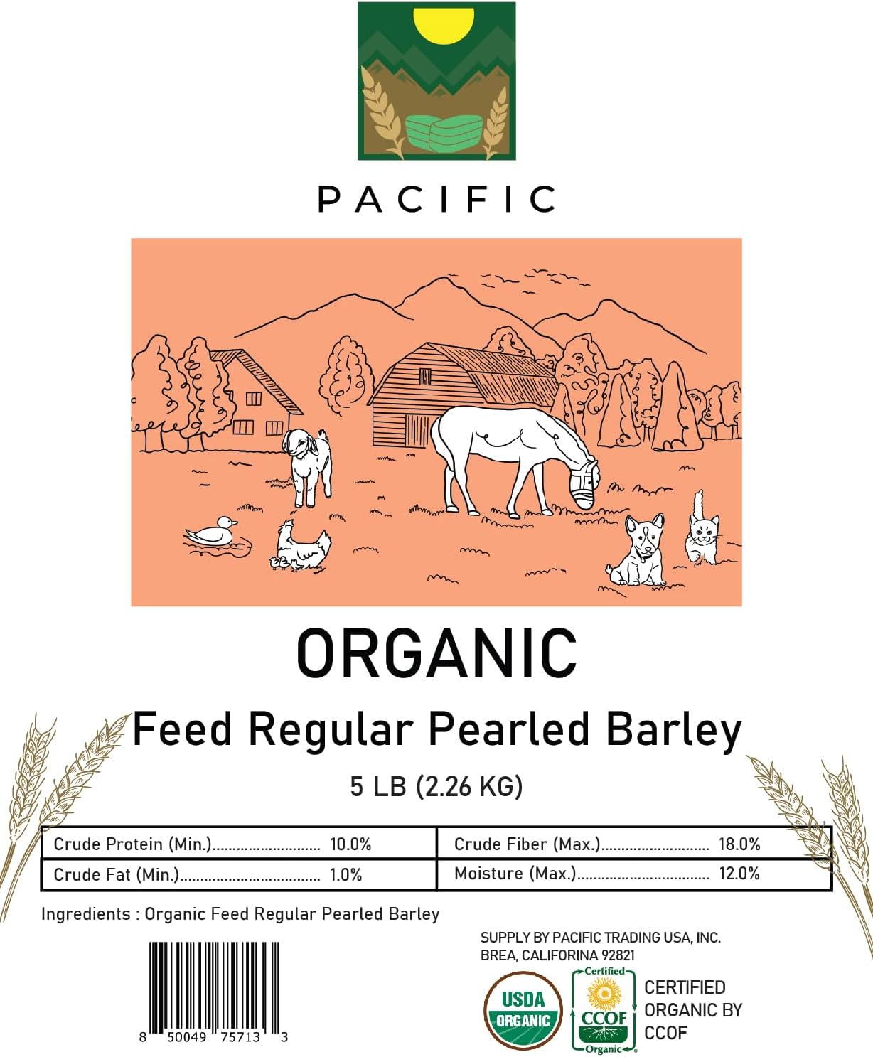 PACIFIC Organic Petfood Organic Regular Pearled Barley - Pearled Barley Organic | Rich with Fiber & Minerals | USDA and CCOF Certified | Product of USA | 5Lbs