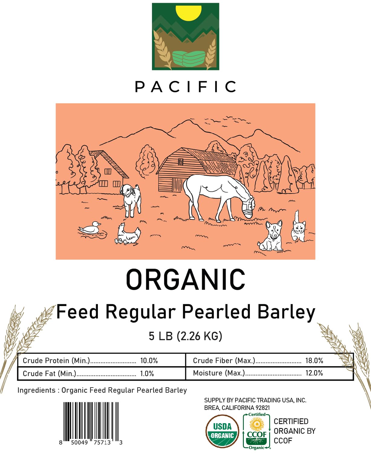 PACIFIC Orzo perlato biologico per animali da compagnia, orzo perlato biologico, ricco di fibre e minerali, certificato USDA e CCOF, prodotto negli Stati Uniti, 2,3 kg