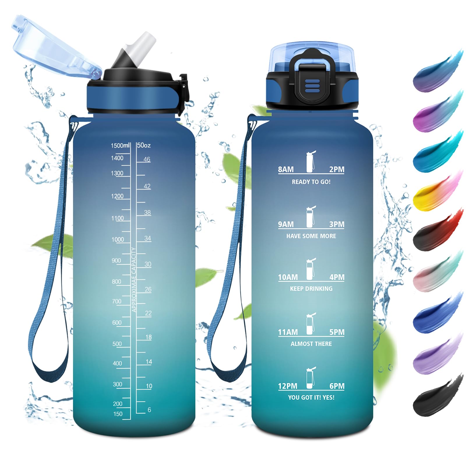 KollyKolla Sports Water Bottle 1.5 L Leak-Proof Water Bottle Suitable for Carbonated Drinking Bottle with Time Marking Water Bottle with Straw for Outdoor Bubbles Camping Bicycle Fitness — image 1