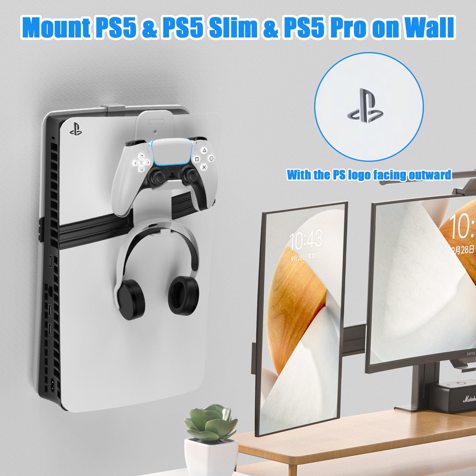 Supporto da parete per PS5 Slim, staffa da parete per PlayStation 5 Slim Staffa per montaggio a parete per PlayStation 5 Slim in acciaio robusto con Supporto per cuffie del controller (Bianco)