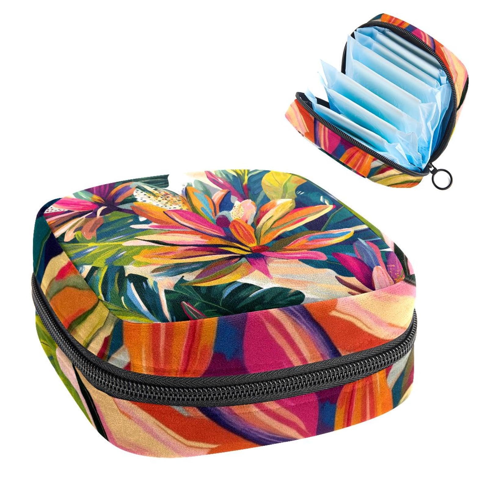 1Pc Period Bag for Women, Menstrual Pad Pouch for School Office, Reusable Sanitary Napkin Storage Bag Portable Feminine Period Kit Bag Boho Floral Tropical Leaves Abstract Colorful Flower