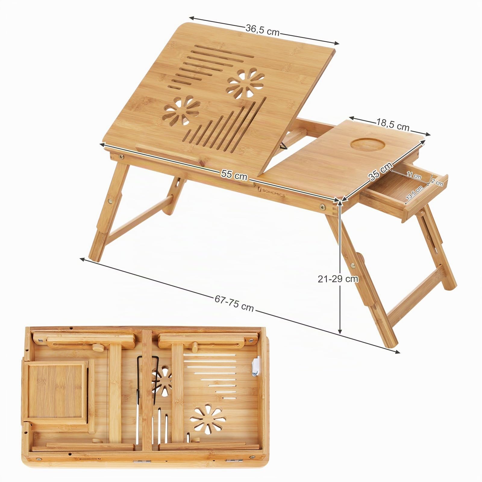 SONGMICS Table de lit pliable en bambou pour PC portable inclinable 55 x 35 x 29 cm LLD002