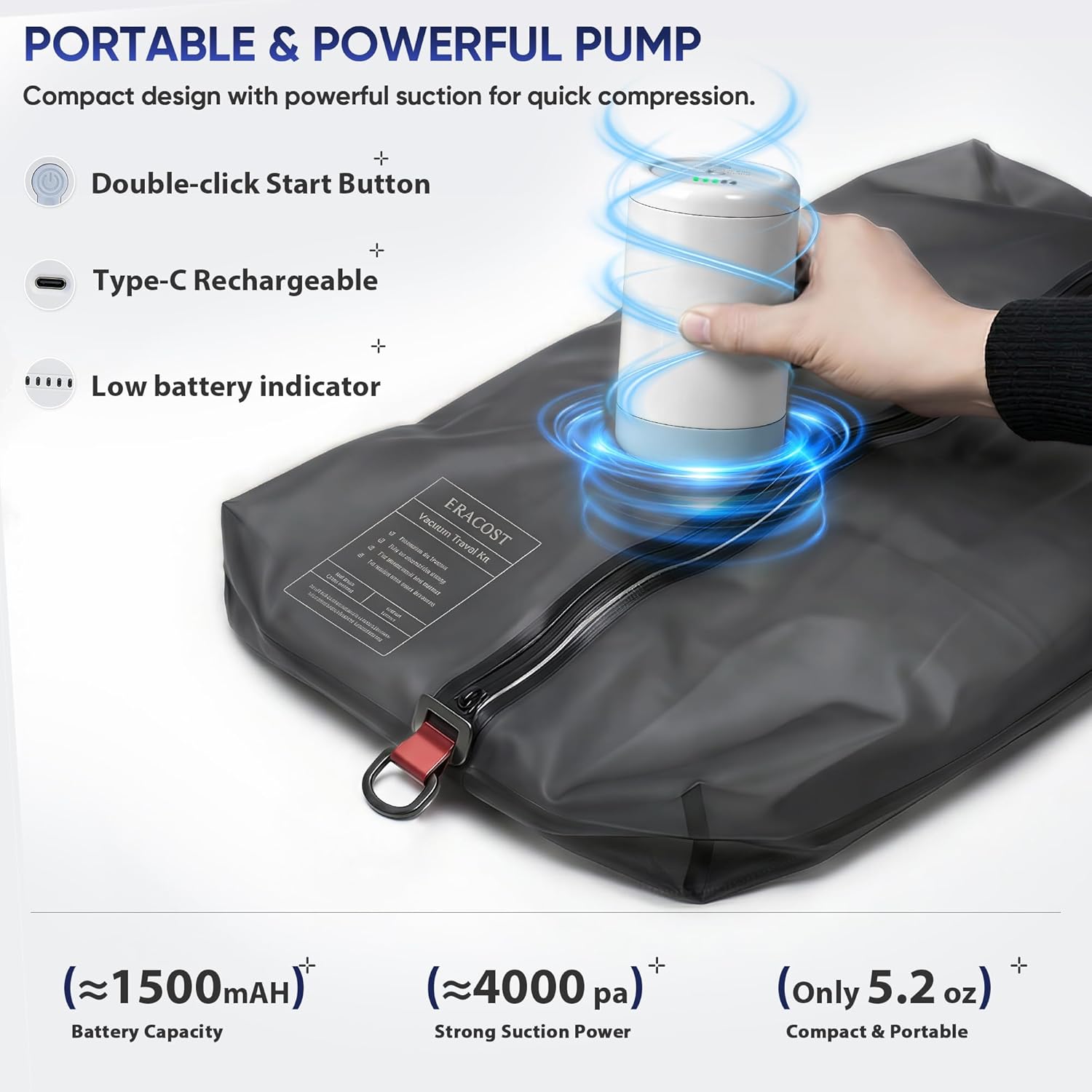 Vacuum Bags with Wireless Pump, Compression Bags for Travel, Waterproof & Reusable Nylon Vacuum Travel Kit, Space Saver Storage Bags for Carry-On Backpack & Suitcase (2-Pack, Pump Included)