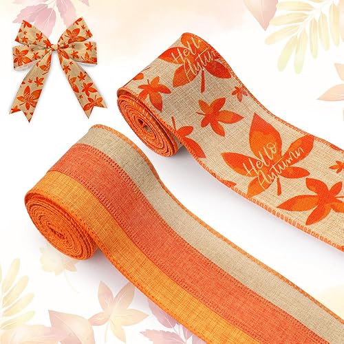 2 rollos de cinta de tela de otoño de arpillera de Acción de Gracias, hojas de arce de otoño, tiras naranjas y marrones, cintas decorativas con