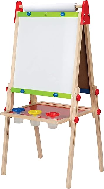 Hape All-in-1 Easel, Award-Winning Double-Sided Kids Standing Easel Adjustable Height Stand with Paper Roll, Chalkboard, Whiteboard, Magnets and 3 Paint Pots