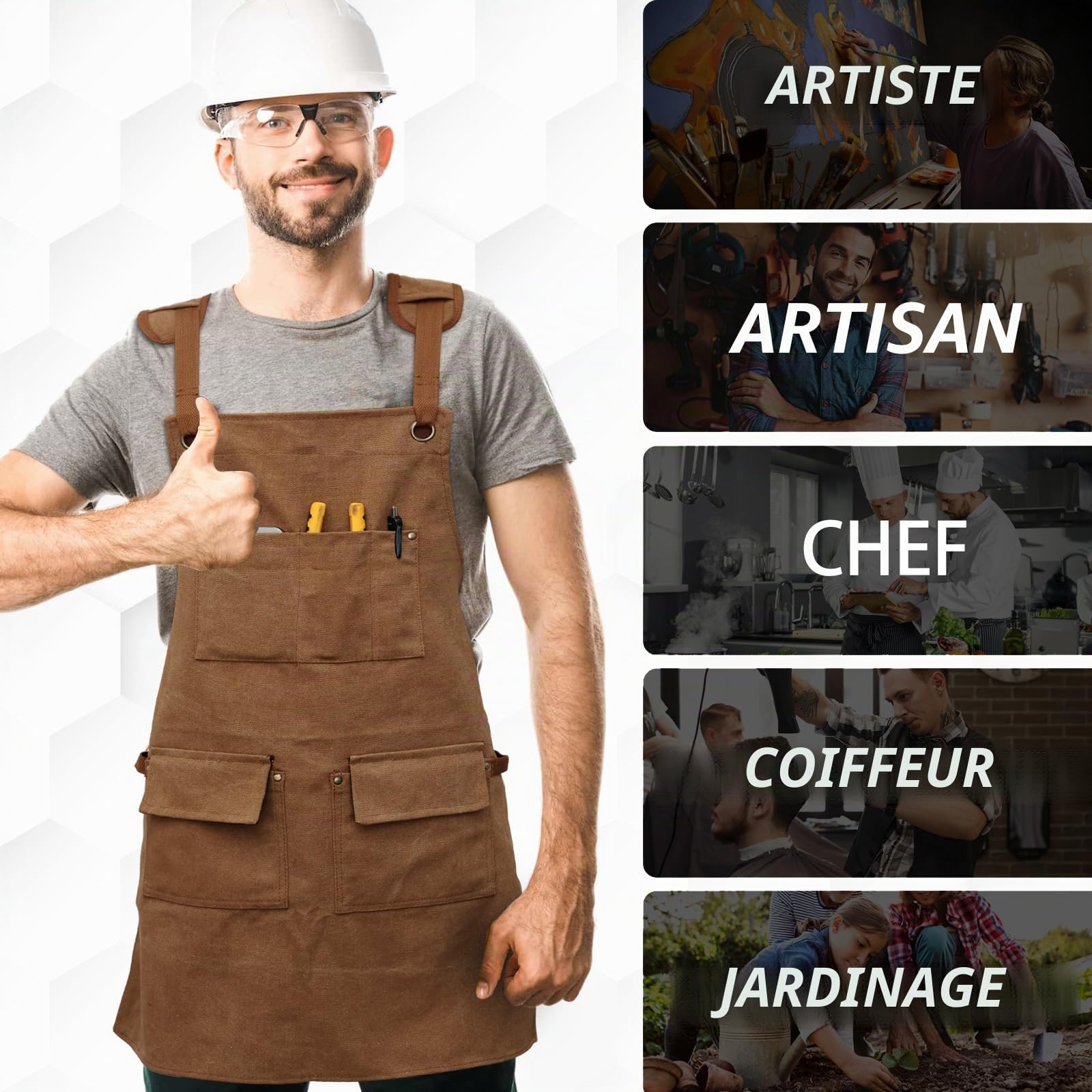 Tablier de travail, tablier à outils avec 5 poches à outils, tablier de travail robuste, tablier de travail en tissu Oxford imperméable, sangle croisée réglable, tablier de travail du bois pour
