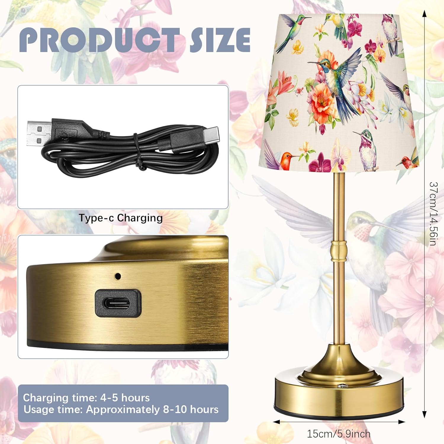 Huquary Cordless Table Lamp for Bedroom Bedside Bird Floral Linen Lampshade with Rechargeable Table Lamp Hummingbird Flower Desk Light for Farmhouse Boho Vintage Nightstand Living Room Home Decor