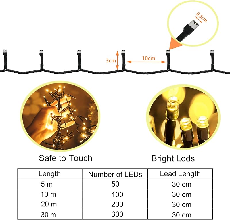 MOLVCE Elemes Tündérfény 2db 50 LED 5m Kültéri-Beltéri Fényfüzér Időzítővel - 8 Világítási Mód, Vízálló, Meleg Fehér, Zöld Kábel