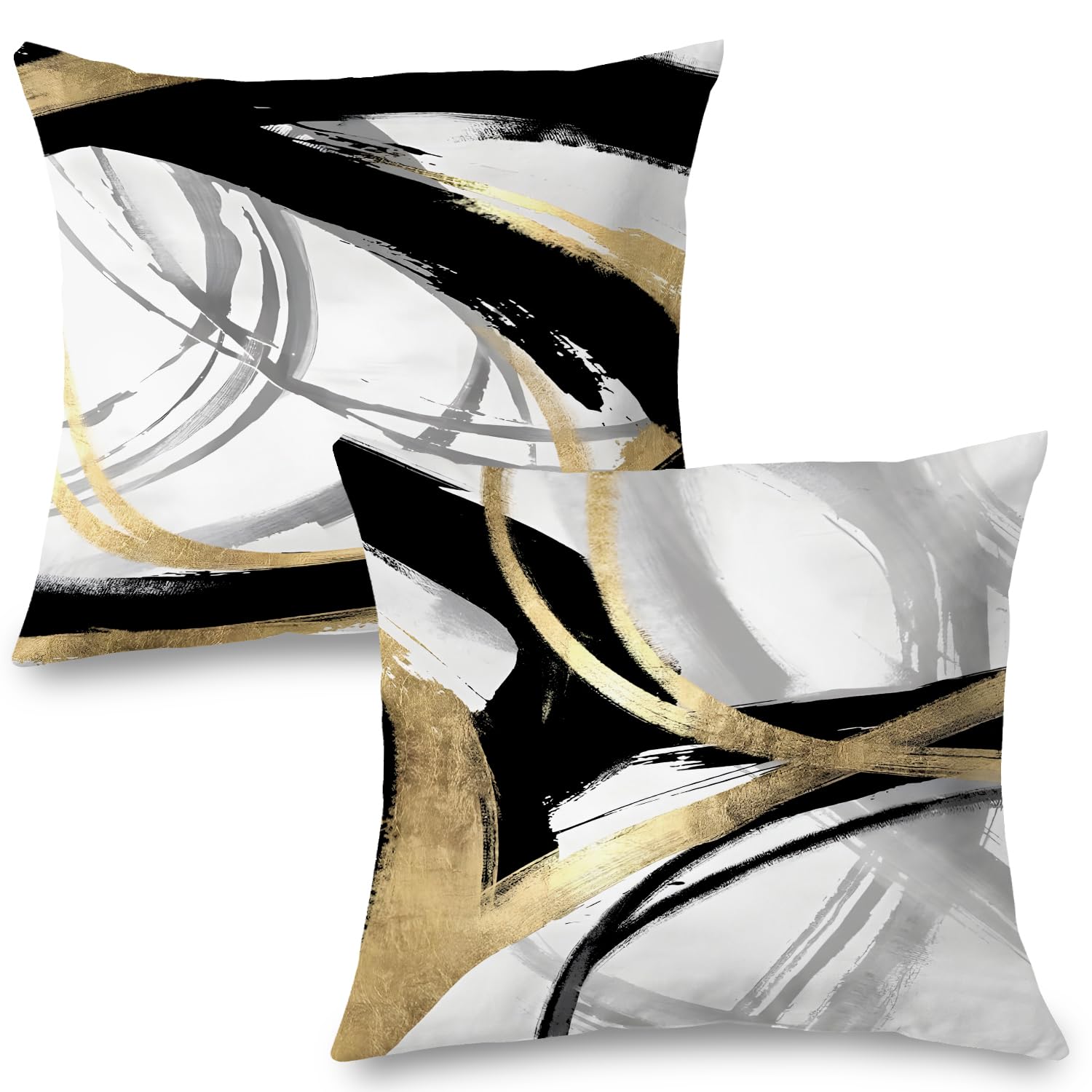 Supwhd Black White and Gold Pillow Covers, Abstract Black and Gold Pillow Covers 26x26 Set of 2, Modern Boho Home Decor, Black and Gold Pillows