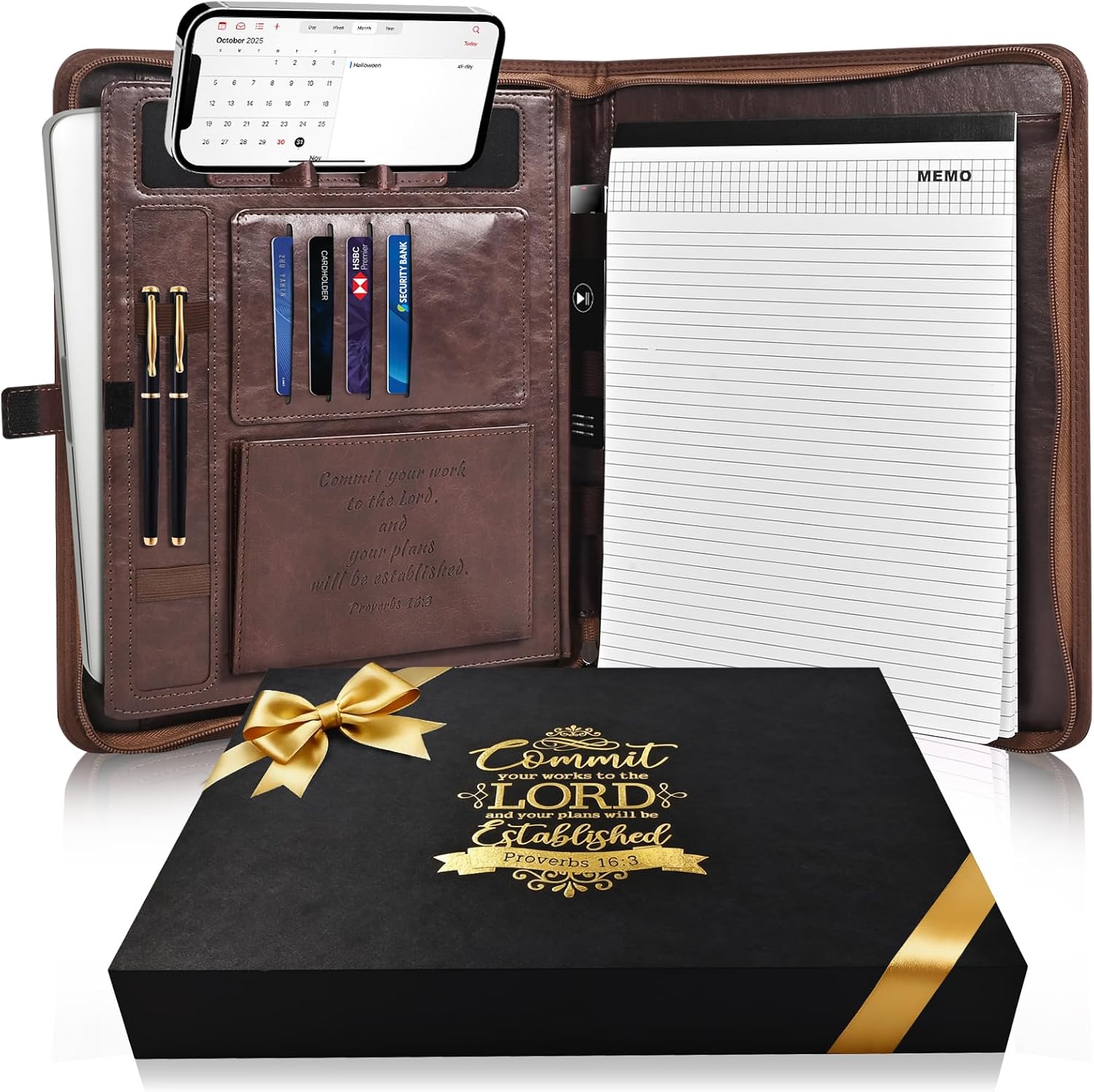 Leather Portfolio for Men, Christian Religious Gifts for Men with Laptop Pocket, Padfolio Binder Folder with Zipper for Women, Business Large Organizer Case for Bible Notebook Notepad Phone (Brown)