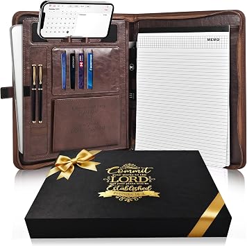 Leather Portfolio for Men, Christian Religious Gifts for Men with Laptop Pocket, Padfolio Binder Folder with Zipper for Women, Business Large Organizer Case for Bible Notebook Notepad Phone Brown