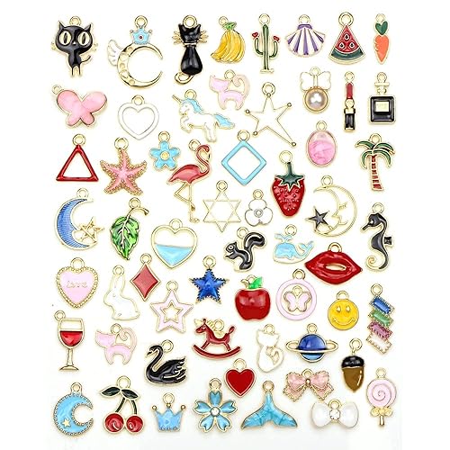 PALAY 60PCS Assorted Gold Plated Enamel Animal Moon Star Fruit Charm Pendant DIY for Necklace Bracelet Jewelry Making and Crafting