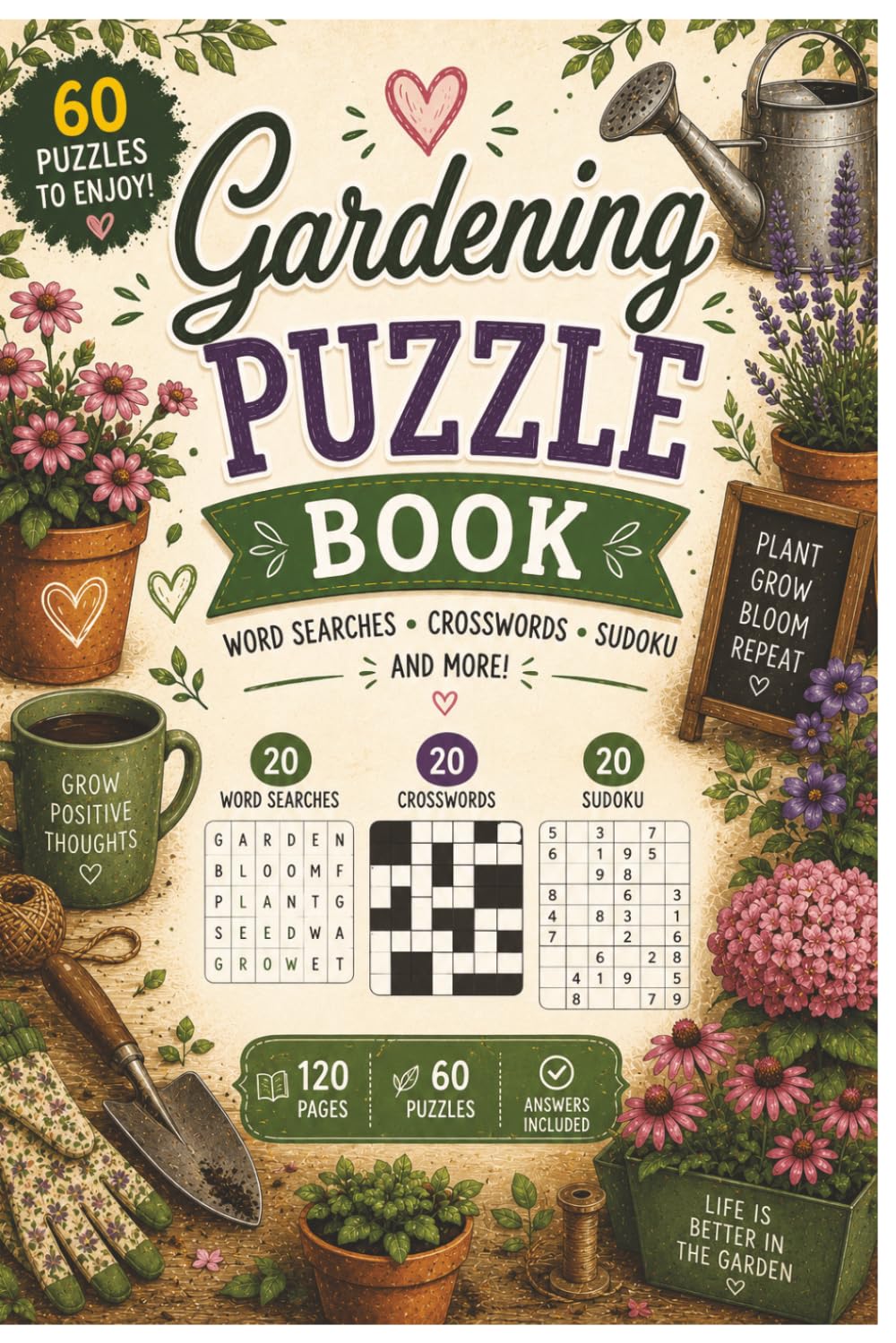 Gardening Puzzle Book for Adults: 60 Word Search, Crossword & Sudoku Games | Large Print Garden-Themed Brain Puzzles | 6x9 Inch, 120 Pages: Gift for Gardeners, Plant Lovers & Flower Enthusiasts