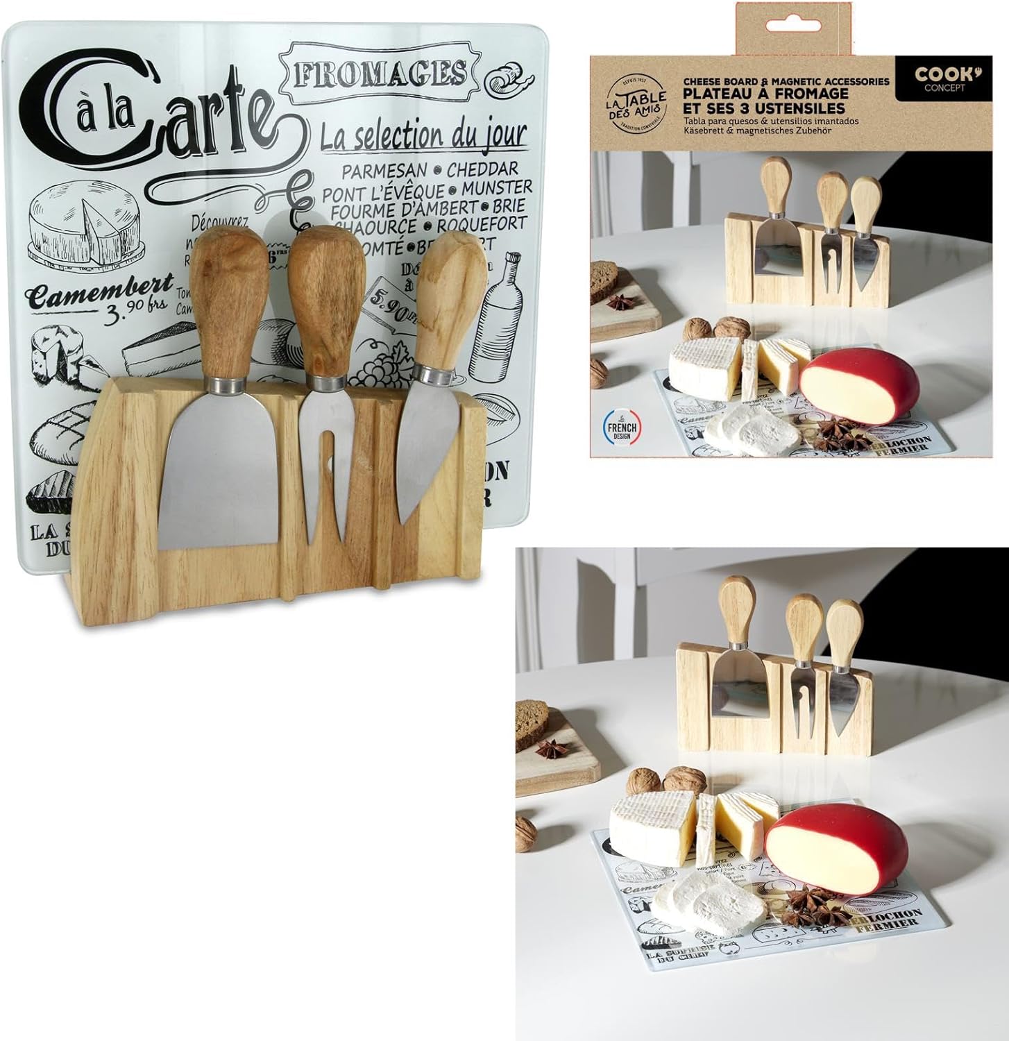 Bistro ka1732 Brown Wood Cheese Board with 3 Utensils AIMANTES 21.1 x 4 x 22 cm