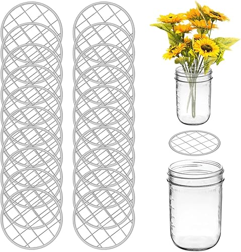 DLAND Paquete de 20 tapas de rejilla con arreglos florales para tarros Mason – Insertos de rana de flores de metal resistentes al óxido con rejillas