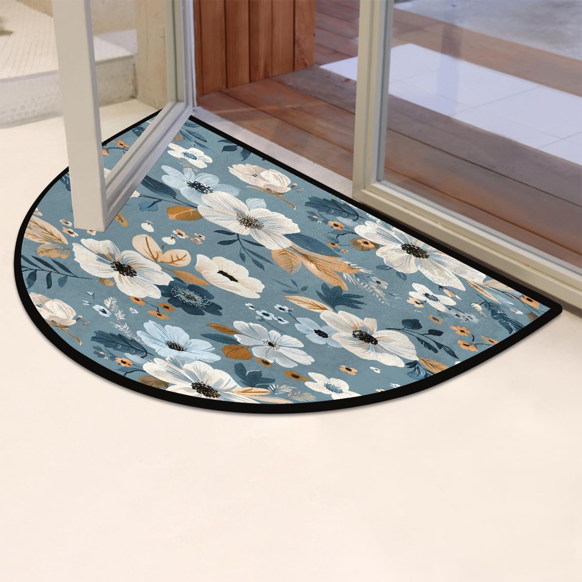 Half Round Door Mat Abstract Beautiful Flower Colorful Half Moon Rug Washable Half Circle Area Rugs Indoor Entrance Non Slip Semi Circle Bathroom Rugs Floor Carpet for Kithen Bedroom Fireplace Decor