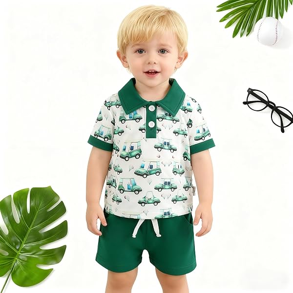 Tenue de golf d'été pour bébé garçon - Polo à manches courtes - T-shirt et short - Imprimé camion - 2 pièces - 4