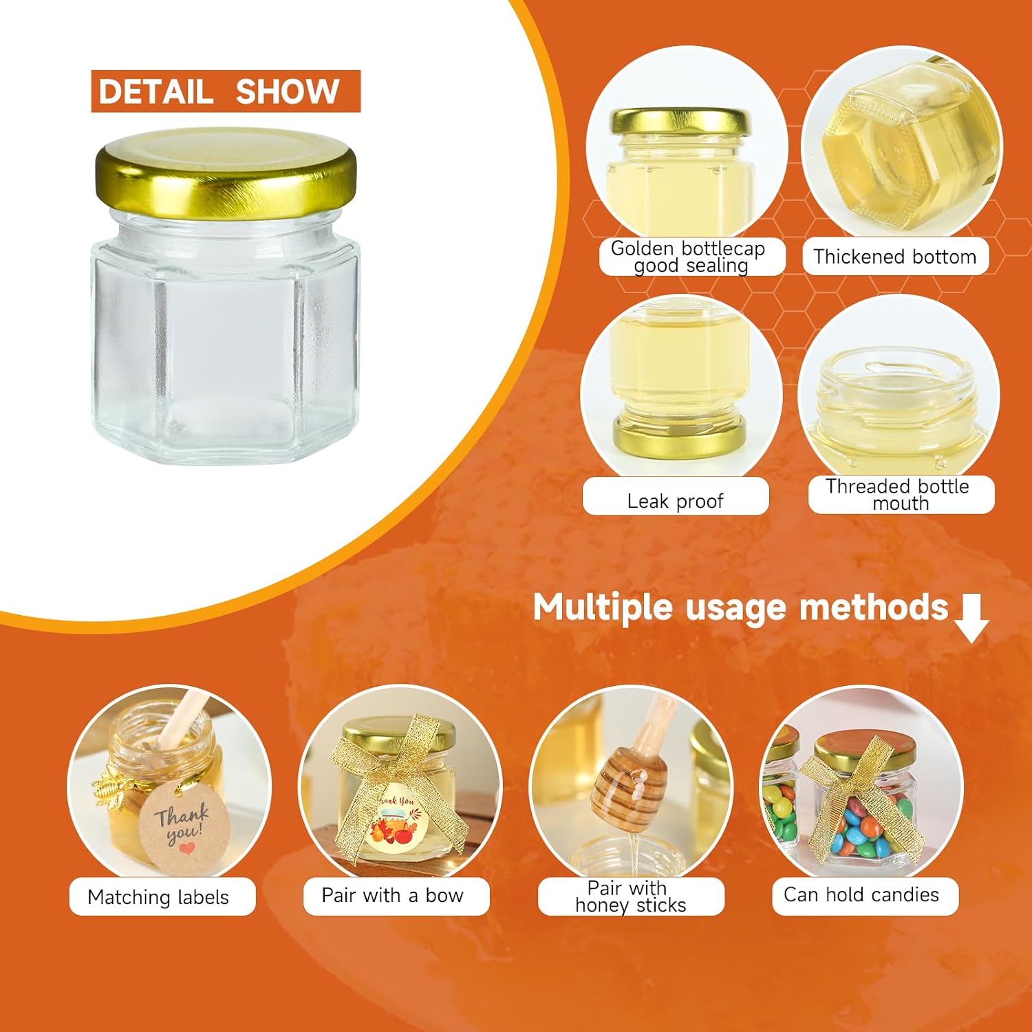 Mini Honey Jars with Dipper- 30Pcs Small Honey Jars Party Favors for Baby Shower,Wedding Favors, 1.5 oz Glass Jars with Lids (Gold, 30) image 5