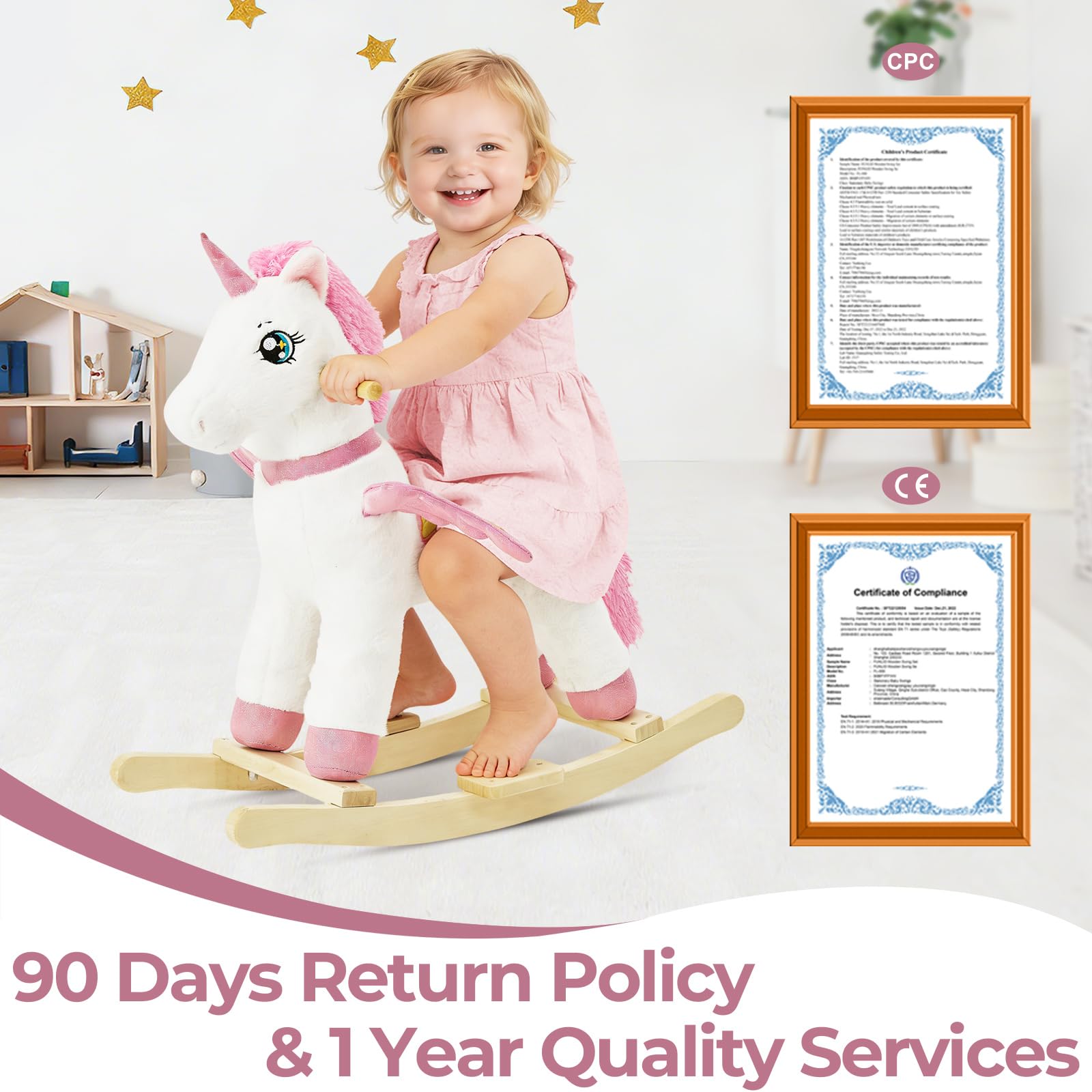 FUNLIO Cavallo a dondolo unicorno per neonati, Cavallo a dondolo unicorno fatata arcobaleno per bambini 1-3 anni, Animale a dondolo imbottito, Facile da assemblare, Certificato CPC – Piccolo