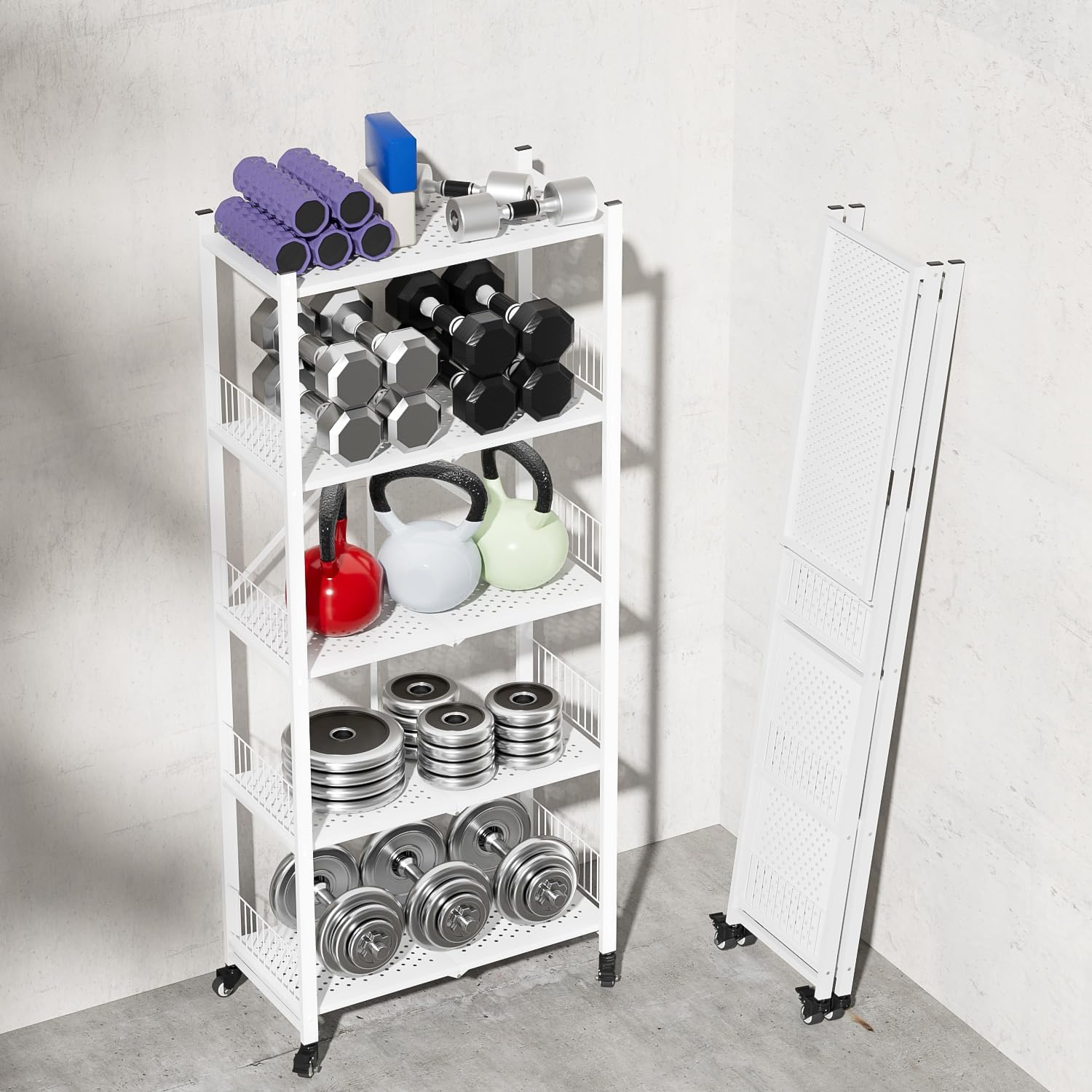 5-Tier Folding Shelves with Wheels, 1100LBS Heavy Duty Metal Foldable Shelving Unit, No Assembly Collapsible Storage Rack Organizer for Garage, Kitchen, Pantry, Basement, Gym - White - Image 6