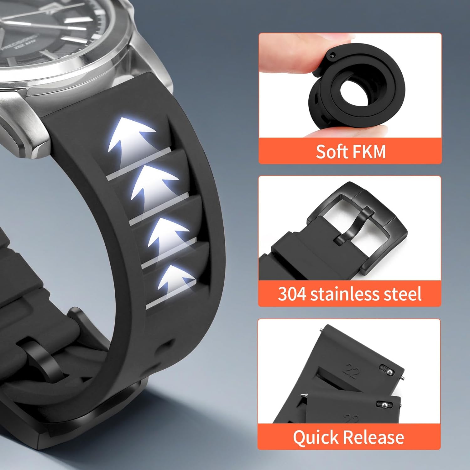 ULLCHRO Quick Release FKM Rubber Watch Bands Fluororubber Watch Band Replacement Strap for Men Women Soft Breathable Diving Strap with Black Buckle 19mm 20mm 21mm 22mm 24mm - Image 5