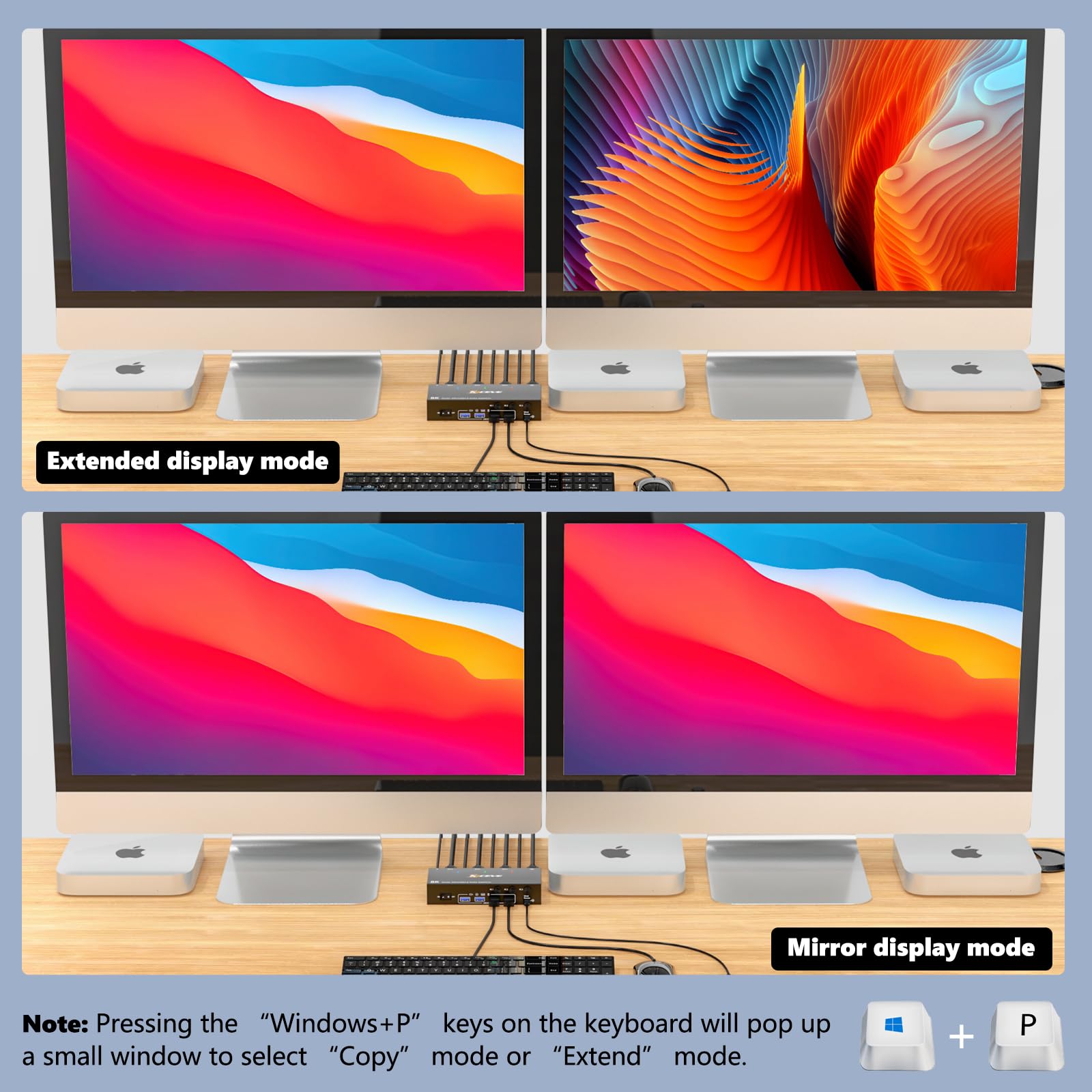 8K@30Hz KVM Switch 3 PCs 2 Monitore, 4K@144Hz Displayport KVM Switch 3 PCs teilen sich 2 Monitore und 4 USB 3.0-Geräte, inklusive kabelgebundene Fernbedienung, Netzteiler und 3DP+3USB3.0-Kabeln