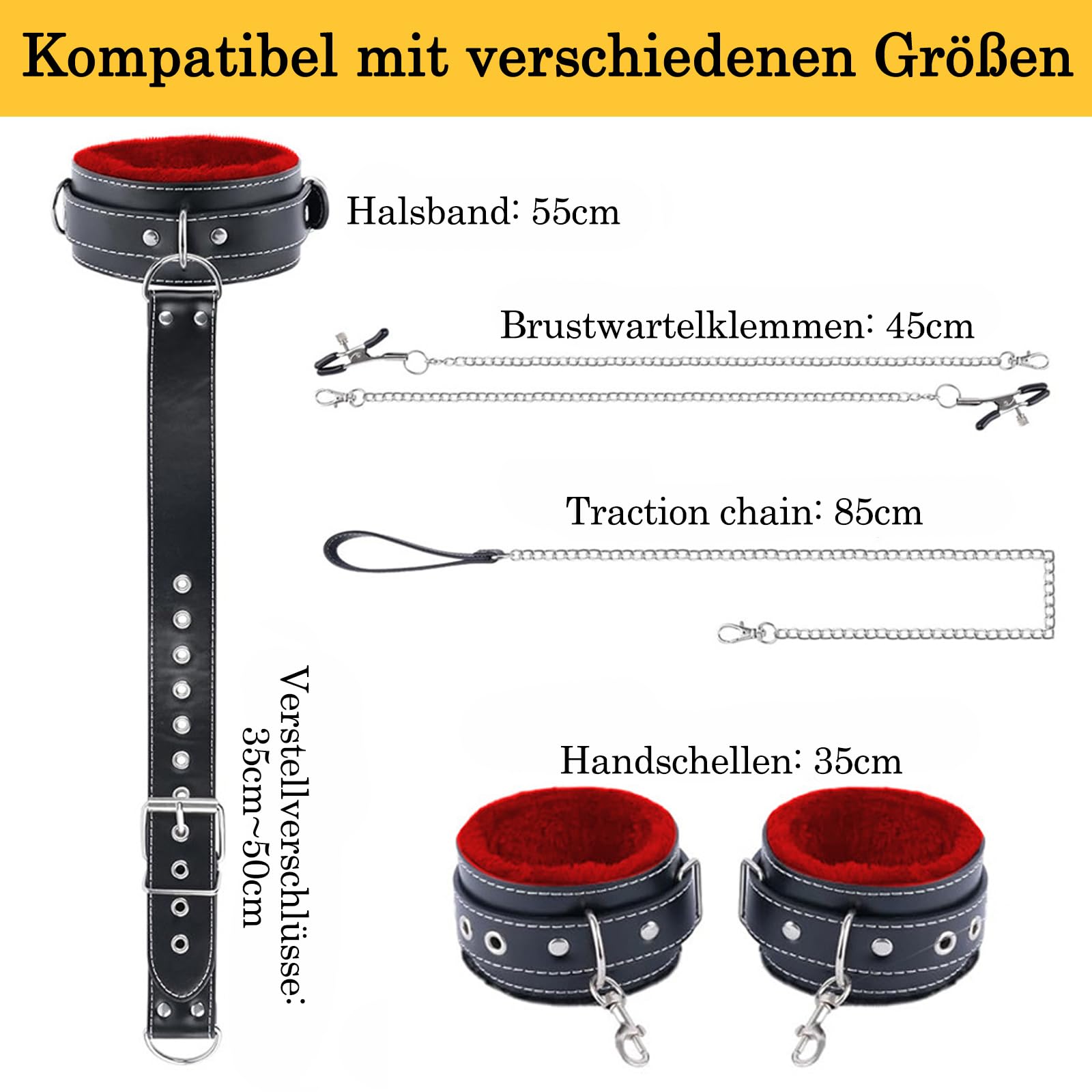 BDSMAGE Set di Bondage con Morsetti per Capezzoli e Maschera per gli Occhi, Manette, Collare, Kit di Bondage SM per Giocattoli Sessuali per Coppie Uomo Donna (Noir et rouge)