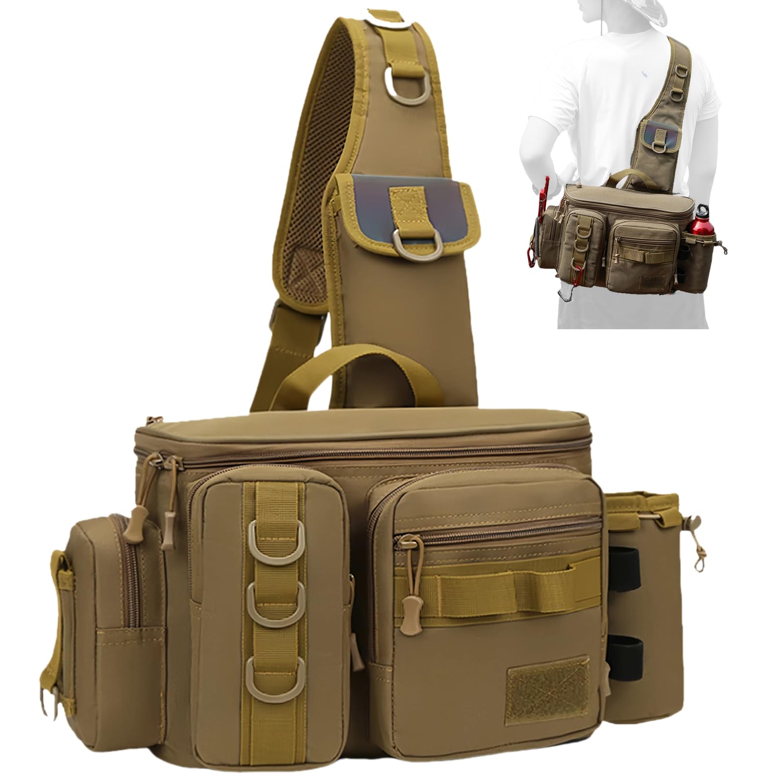 Fishing Tackle Backpack Fishing Fanny Pack Crossbody Bag Fishing Tackle Box Organizer with Rod & Gear Holder, Ideal for Fishing, Camping, Hiking and