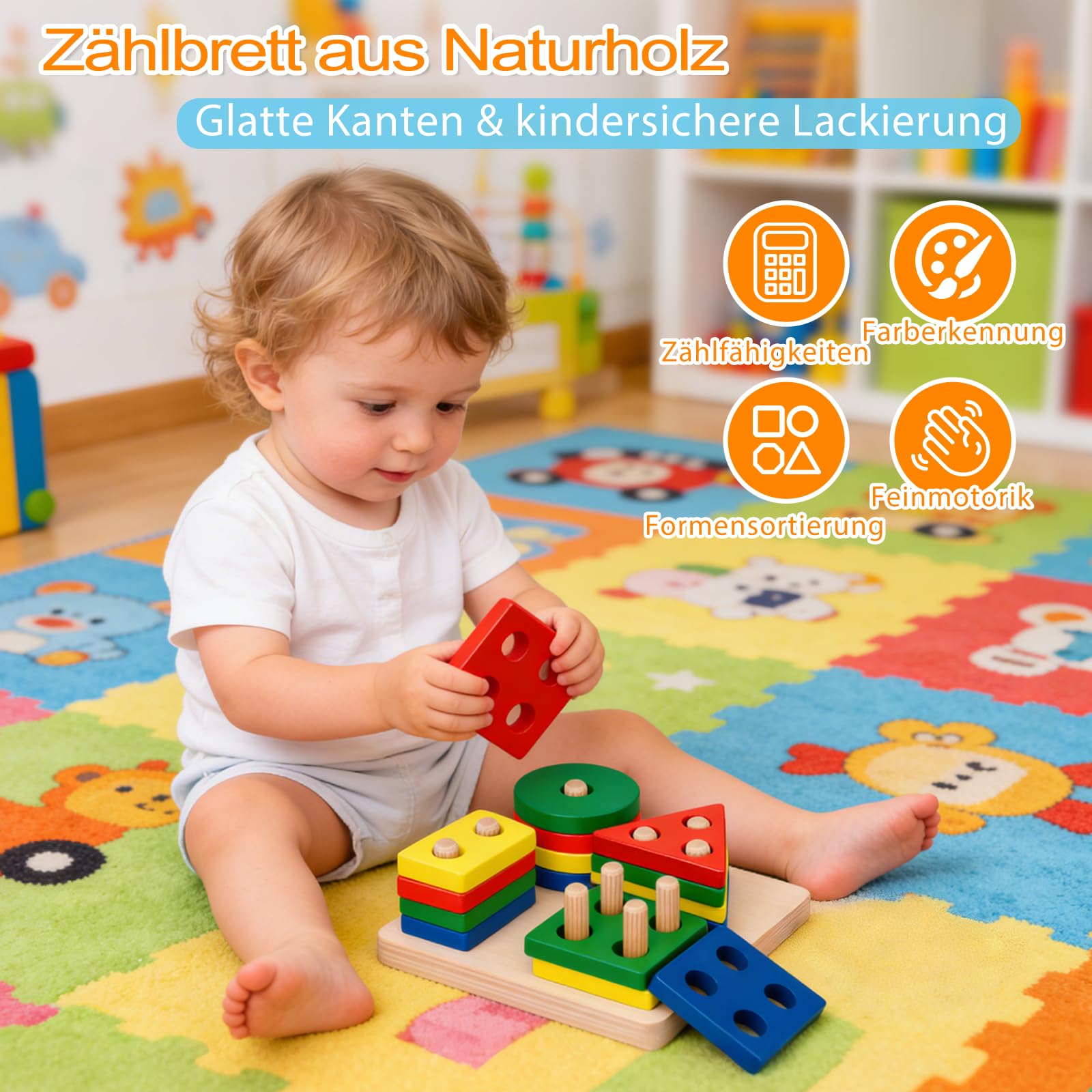 Montessori zabawka dla małych dzieci w wieku 1-3 lat, zabawka edukacyjna 7 w 1, zestaw z książką z materiału, klocki do układania w stos i zabawką sensoryczną, prezent dla chłopców i