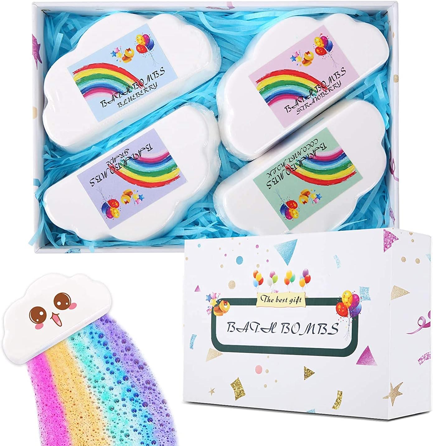 Rainbow Bath Bombs, Mosteck Handmade Bath Bombs Gift Set with Natural & Organic Ingredients, Cloud Bath Bombs with Colorful Bubble Effect for Kids & Women, Birthday Mother's Day Gift Option (4 P