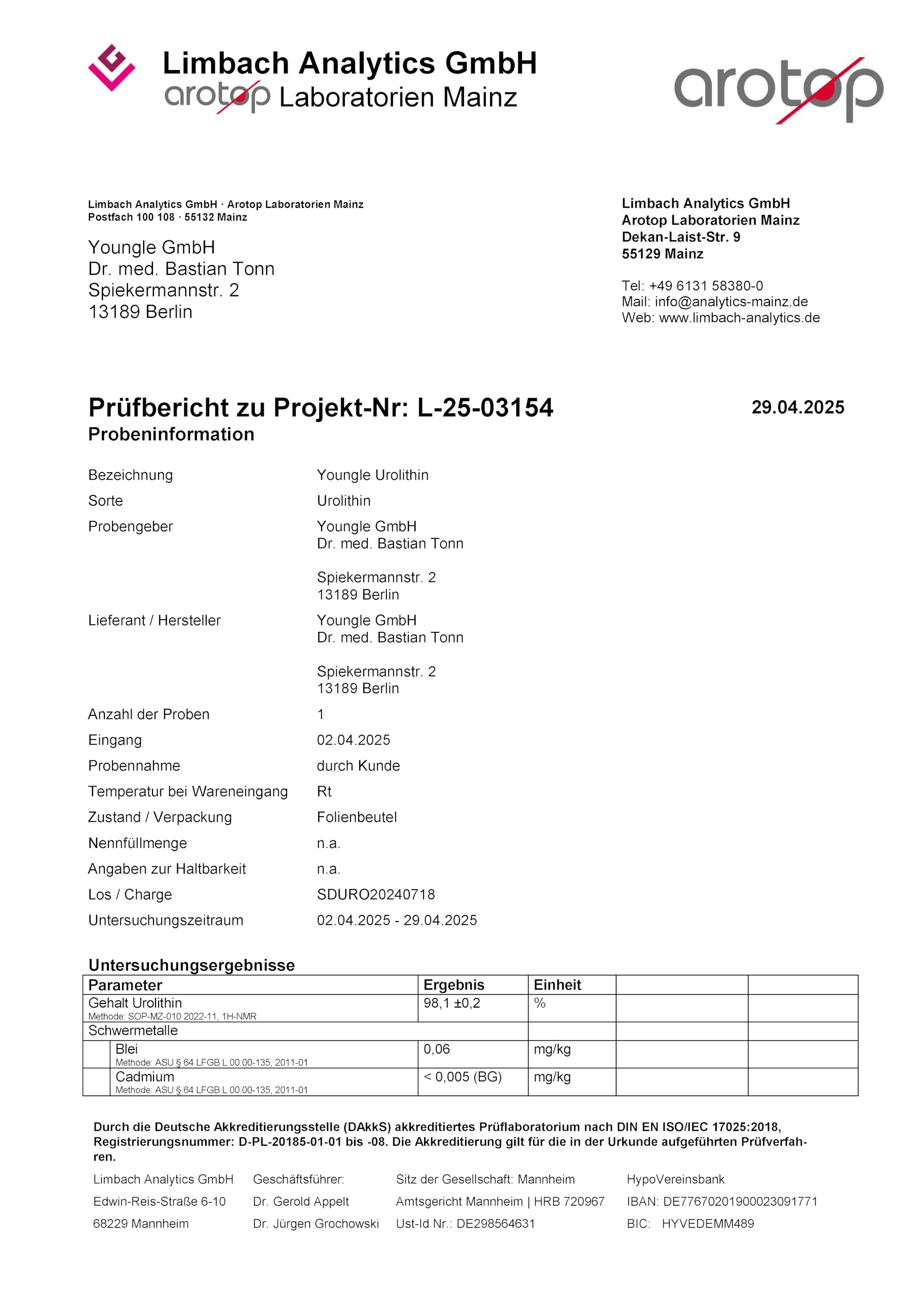 youngle Urolithin A Pulver 10 g mit >99% Reinheit, gegründet von Medizinern, laborgetestet in Deutschland