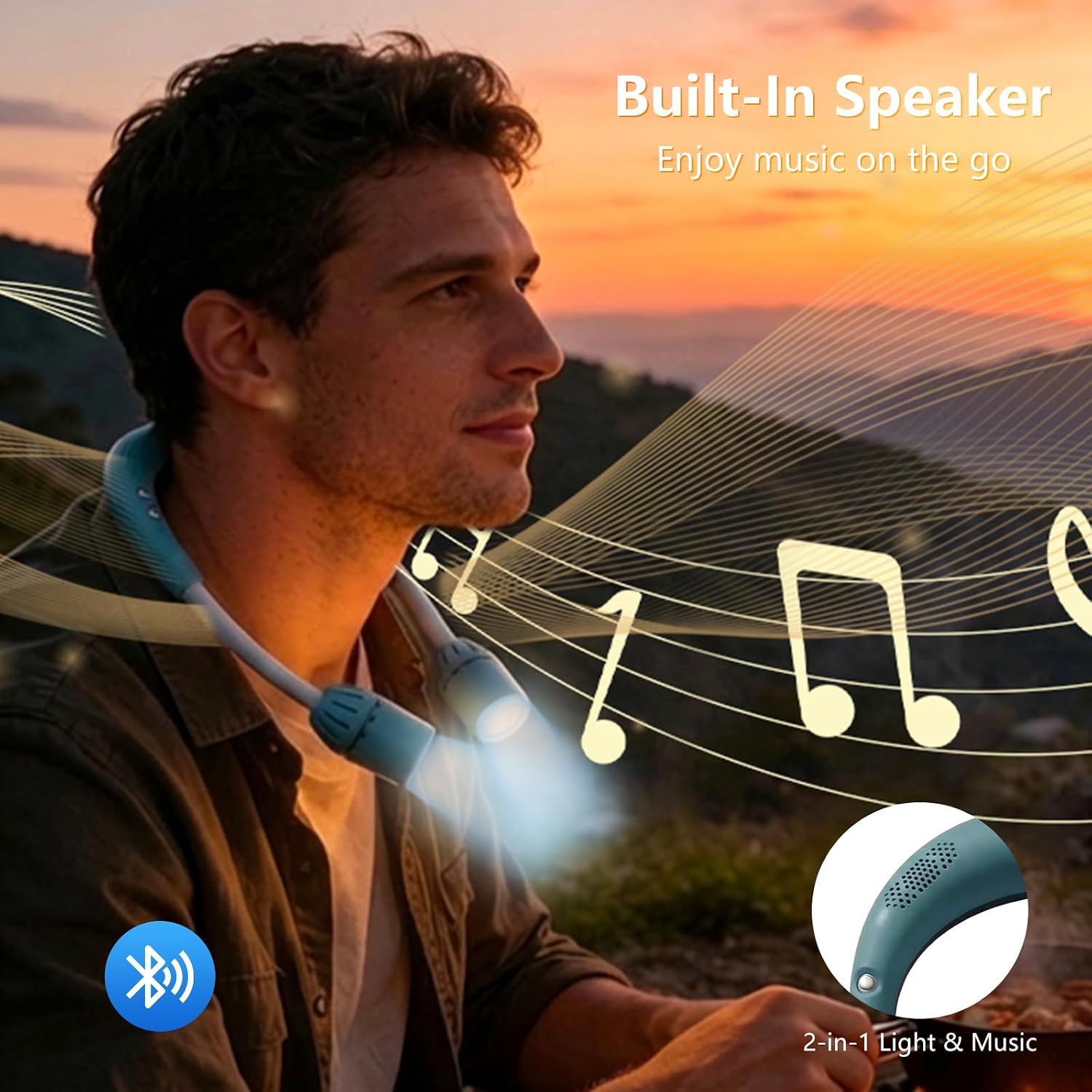 Neck Light with Bluetooth Speaker, 5 Modes, USB-C Rechargeable | Hands-free 2-in-1 neck light and Bluetooth speaker with adjustable 90° beams, 5 modes, USB-C charging, and 40+ hour runtime.