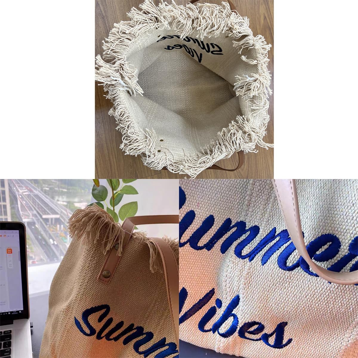 Tote bag, large capacity canvas, women's shoulder bag, beach bag, tassel embroidery, niche design, women's bag (write)