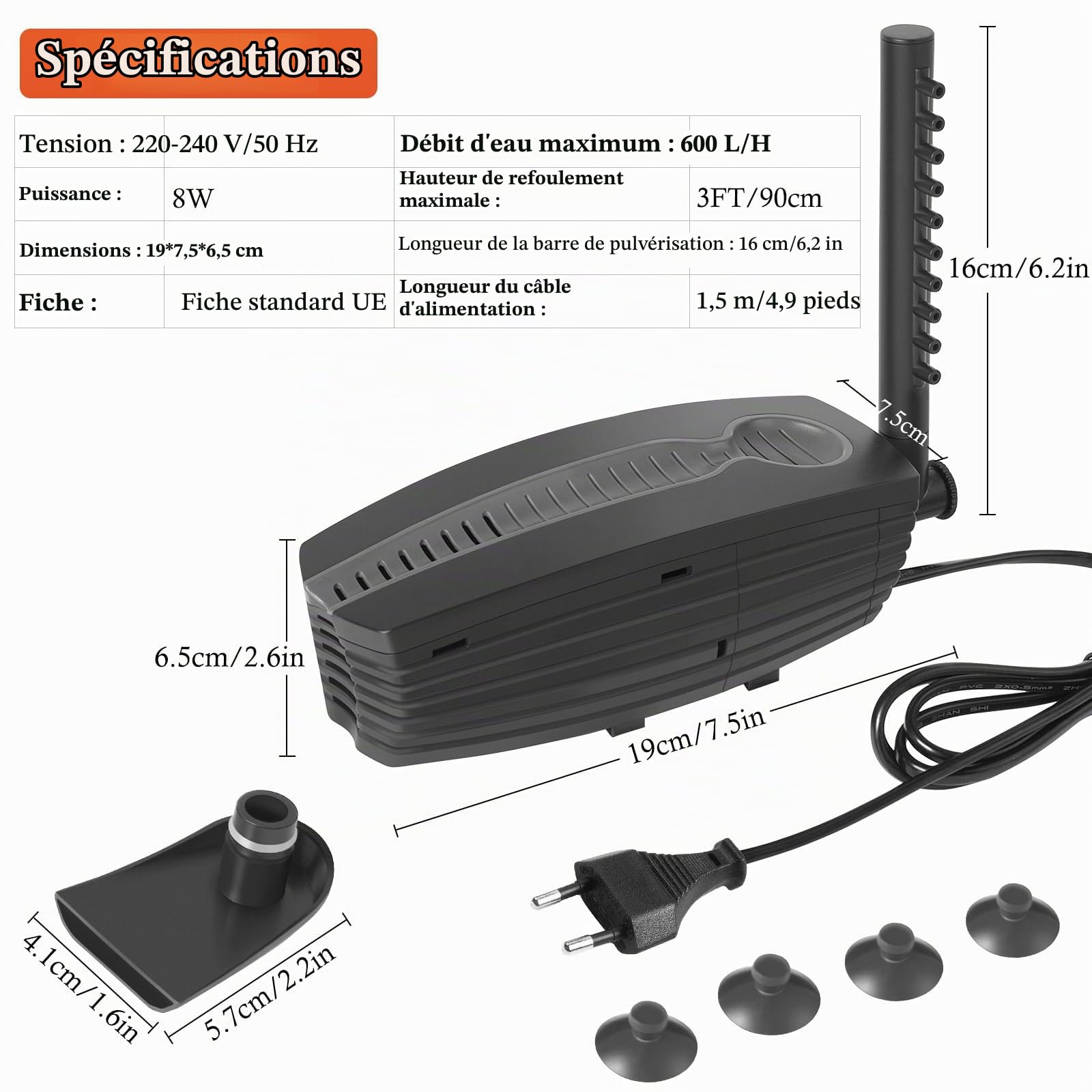 Filtre U-V Submersible pour Aquarium 30-180L, 8W 600L/H Débit Réglable avec Minuterie, Inclut Coton Biochimique, Charbon Actif et Billes Céramiques