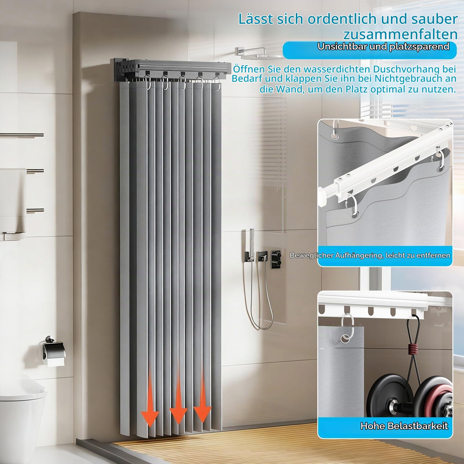 Faltbare Duschvorhangstange Ohne Bohren mit Wasserdichtem Duschvorhang, Drehbare Duschstange L-Form U-Form oder Gerade, Duschvorhang mit Stange für Badezimmer Badewanne (Grau, 5-fach faltbar)