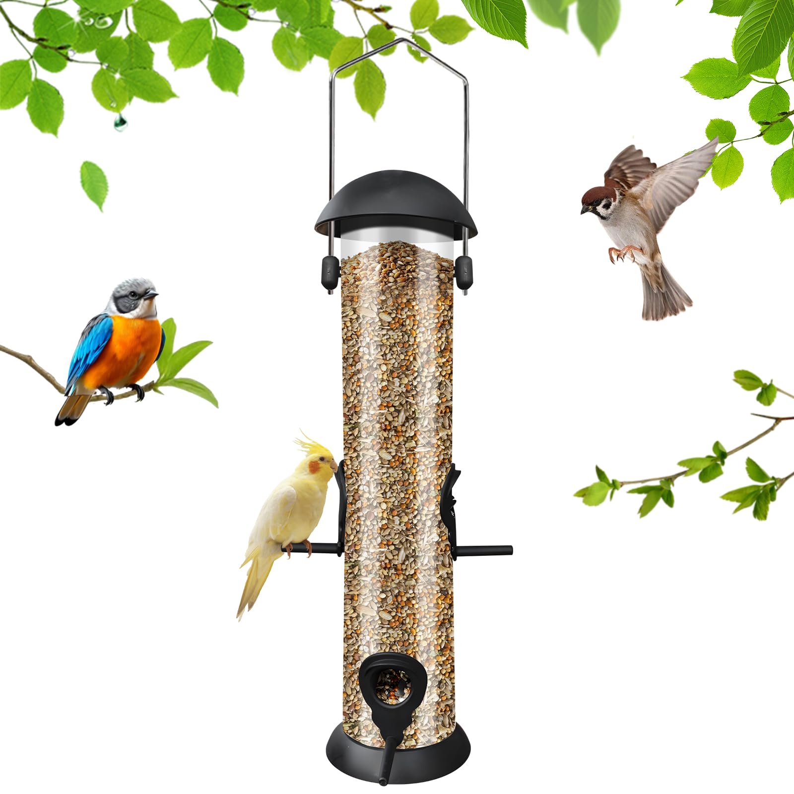 Bird Feeders Hanging, 4 Ports Tube Bird Seed Feeder for Small Garden Birds Only, Easy Clean Plastic Wild Bird Feeders, Outdoor Hanging Bird Feeder for Robins, Finches, Sparrows