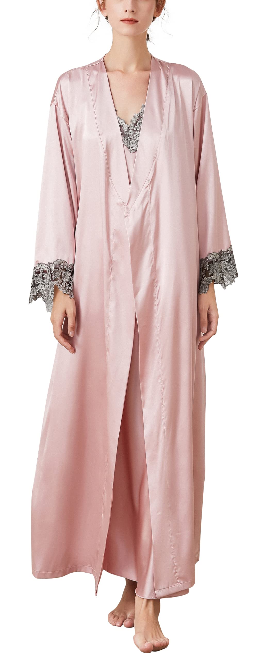 Aivtalk 2 Piece Women Satin Nightgowns and Robe Set Sexy Silk Slip Dress Chemise Nightdress