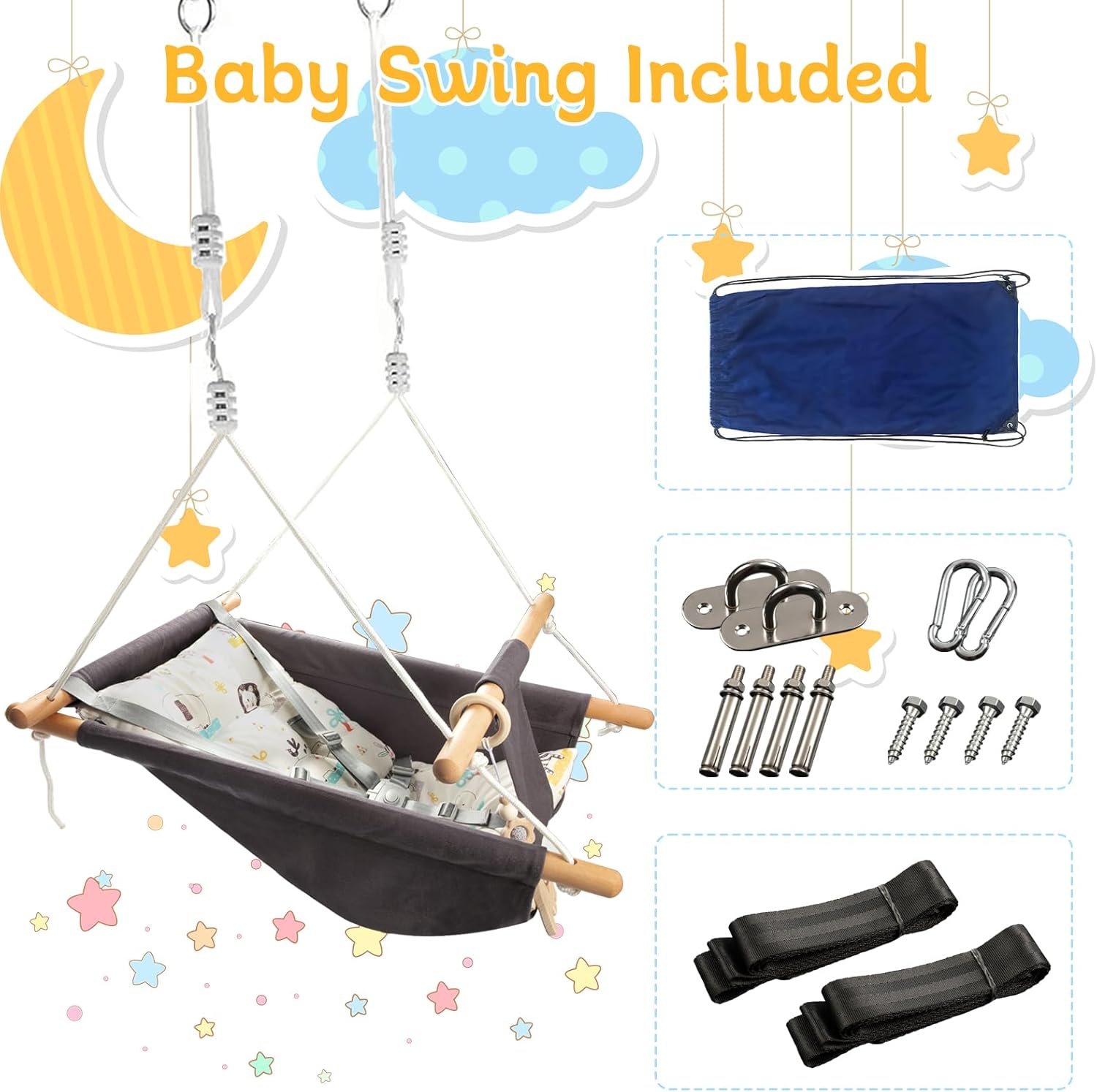 Baby Swing Outdoor Indoor for Infants to Toddlers, Portable Adjustable Baby Porch Swing with 5-Point Safety Belt, Kids Tree Hanging Chair Toys for Door Garden Backyard