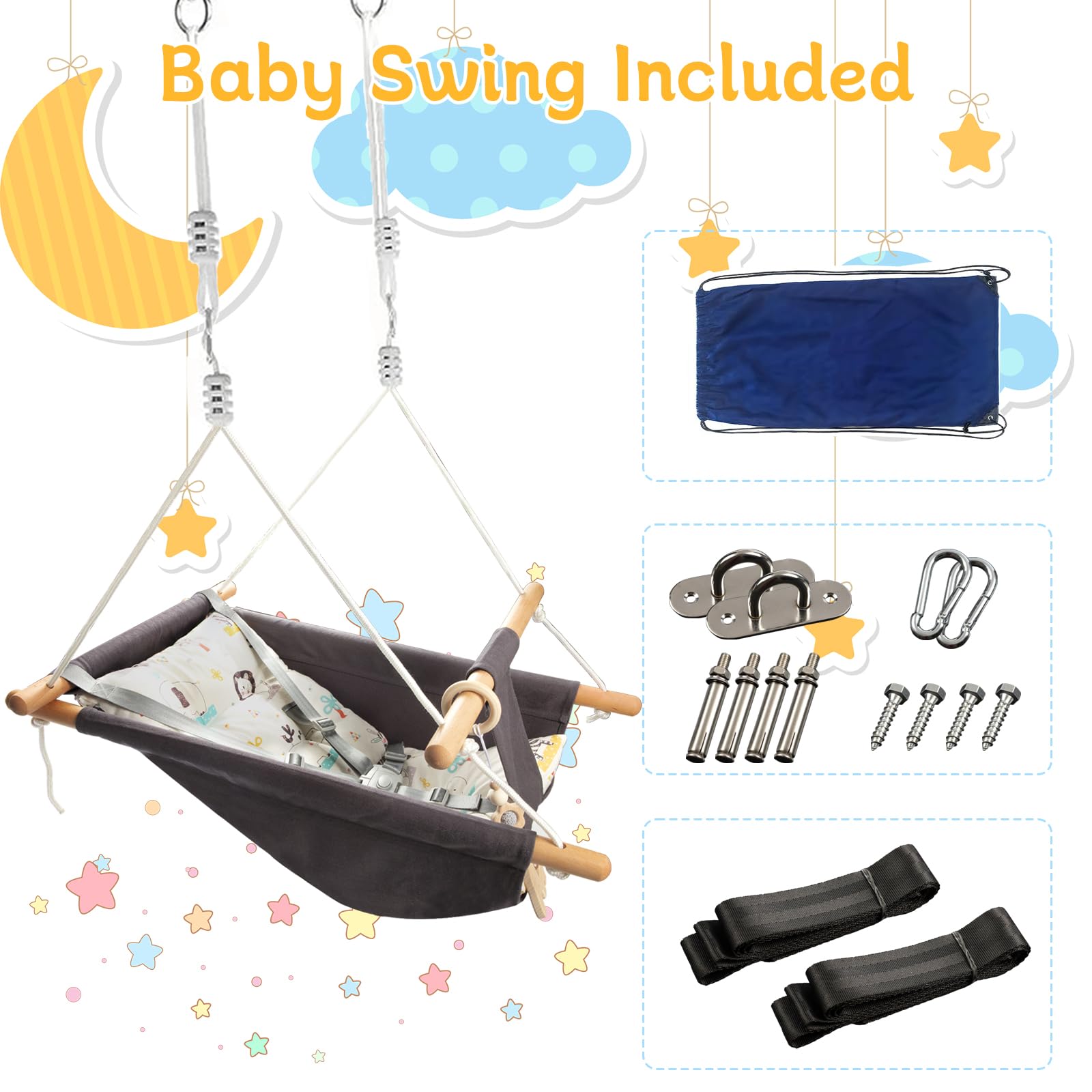 Columpio para bebés al aire libre e interior para bebés y niños pequeños, columpio portátil ajustable para porche con cinturón de seguridad de 5 puntos, silla colgante de árbol para niños, 6