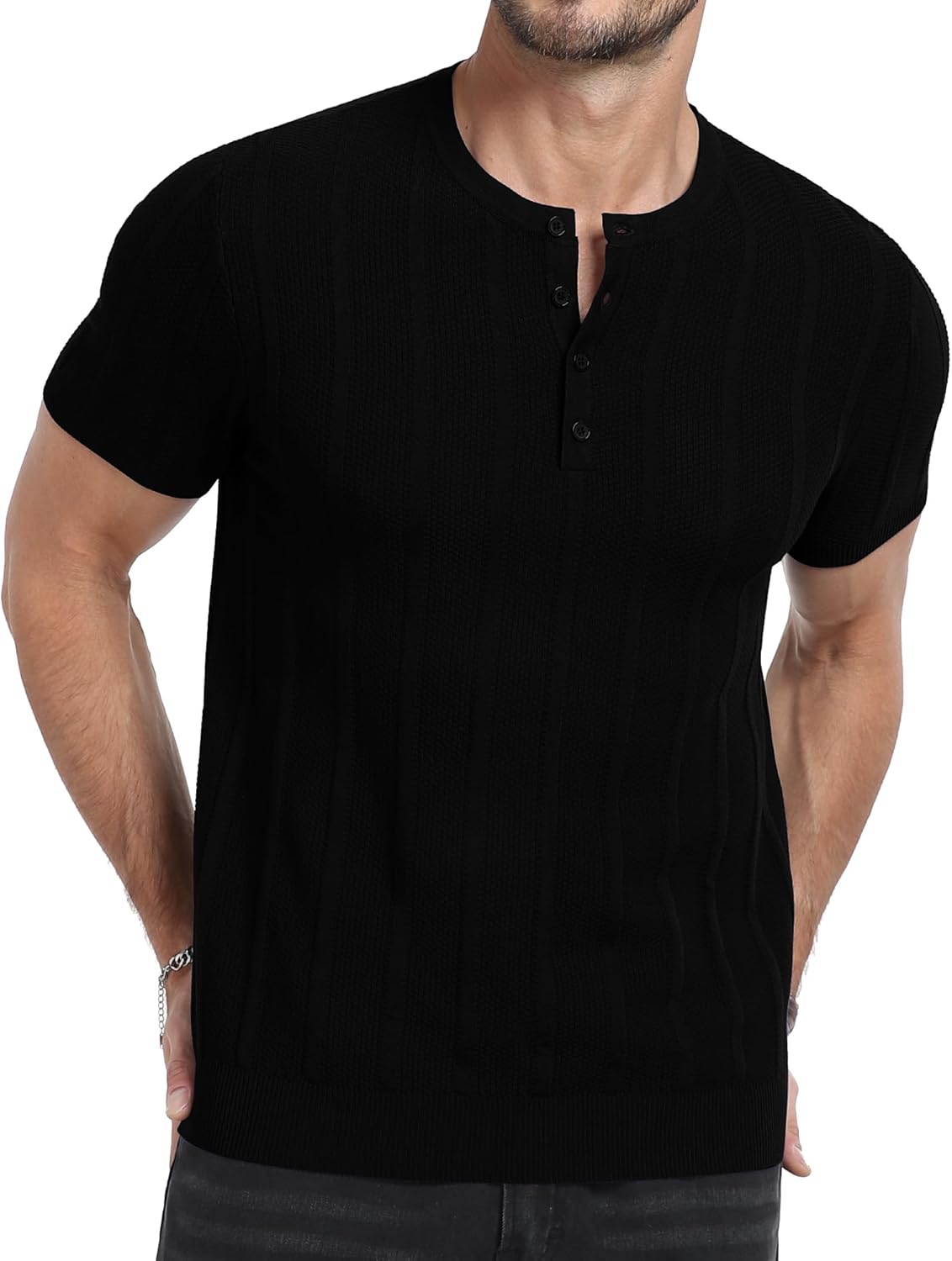 YTD Mens Tees Short Sleeve Crewneck Henley Shirts Knitted Textured Shirt Solid T-Shirts Summer Top - Image 2