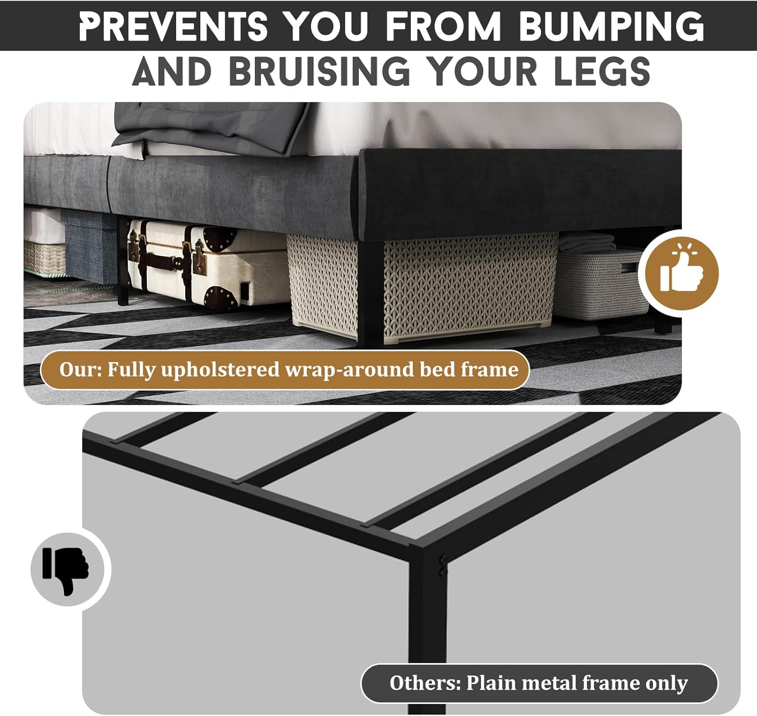Comparison image showing a fully upholstered bed frame protecting against bumps versus a plain metal frame.
