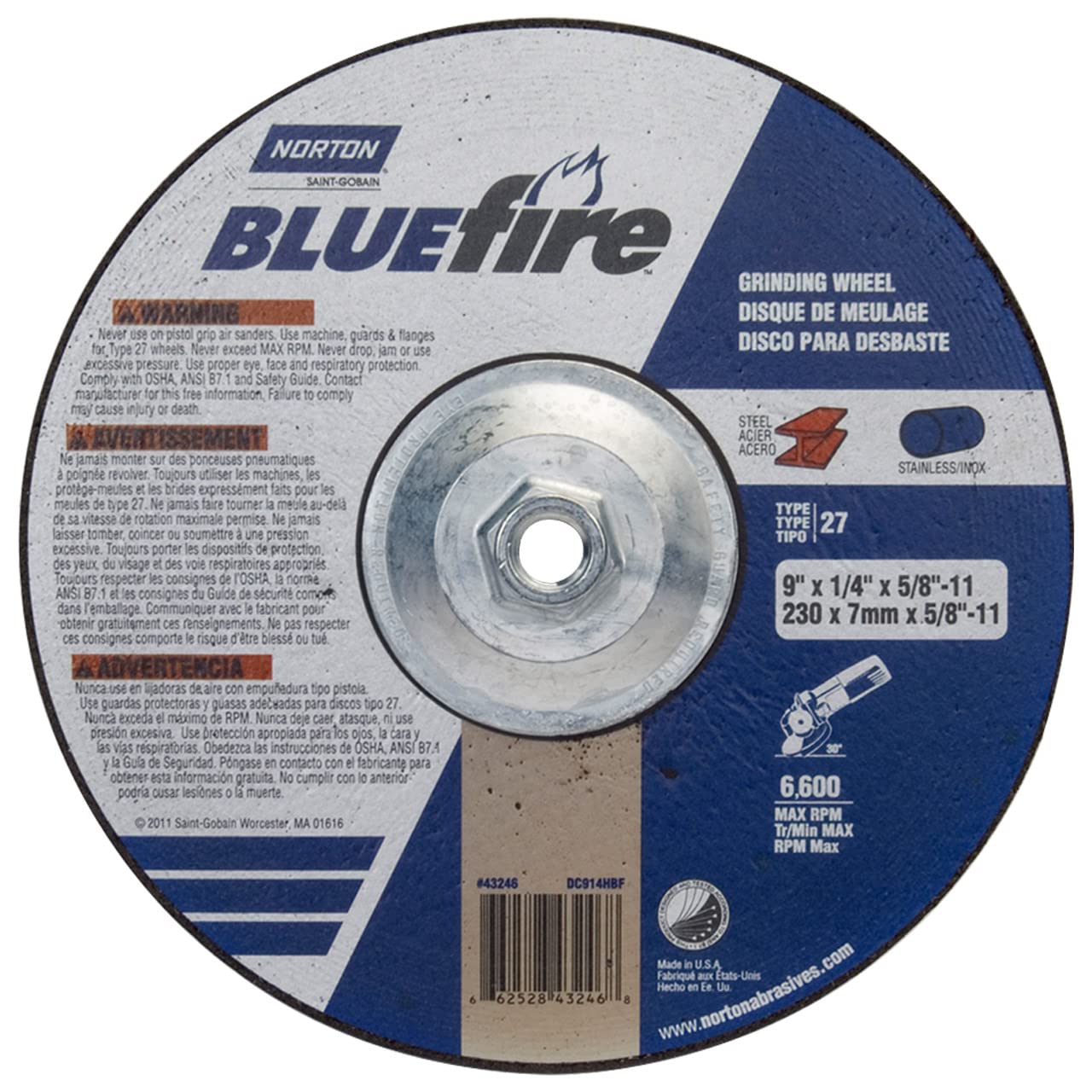 Norton 66252843246 9x1/4x5/8-11 in. BlueFire ZA/AO Grinding Wheels, Type 27, 24 Grit, 10 pack