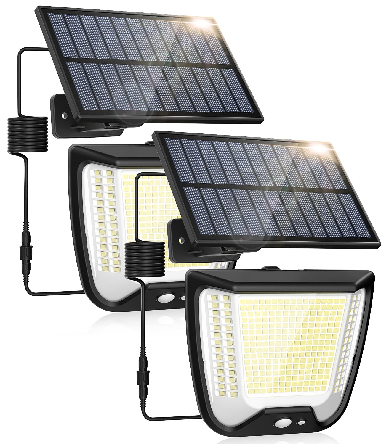 Luce Solare Esterno LED con Pannello: 288 Faretto Solari LED Luce con Sensore Di Movimento IP65 Impermeabile Giardino Faretti Lampade 3 Modes Faro Luci Da Esterni Solar 2 Pezzi con 5m Cavo