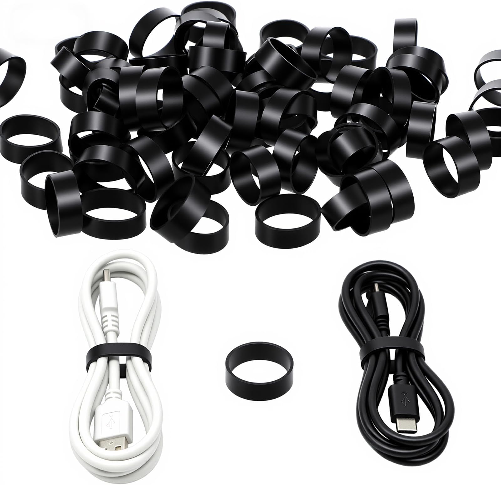 200 PCS Silicone Cable Ties, Small Black Rubber Bands for Wire Cord Data Line Organization, Reusable Elastic Rubberbands for Home Office Cable Management