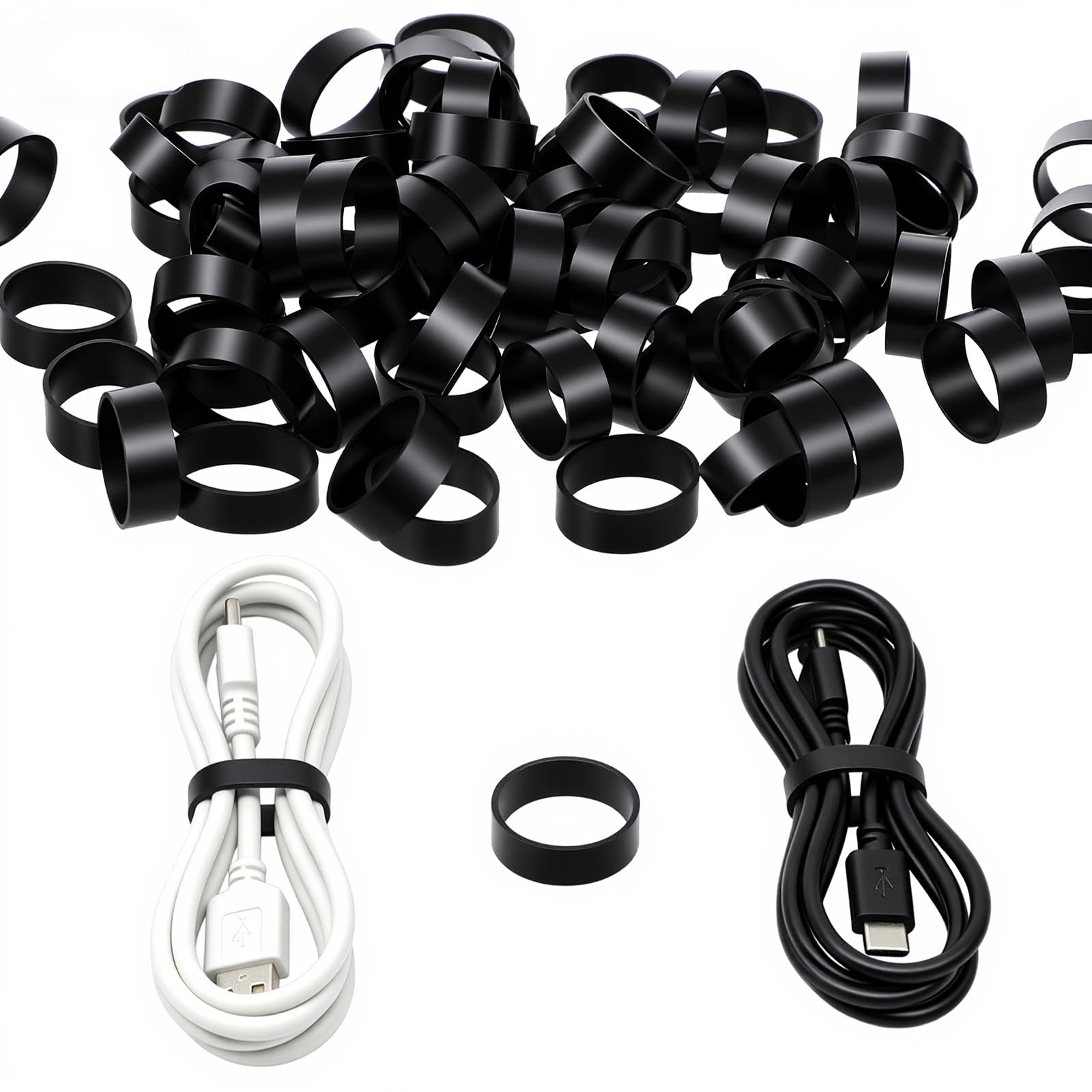 200 PCS Silicone Cable Ties, Small Black Rubber Bands for Wire Cord Data Line Organization, Reusable Elastic Rubberbands for Home Office Cable Management