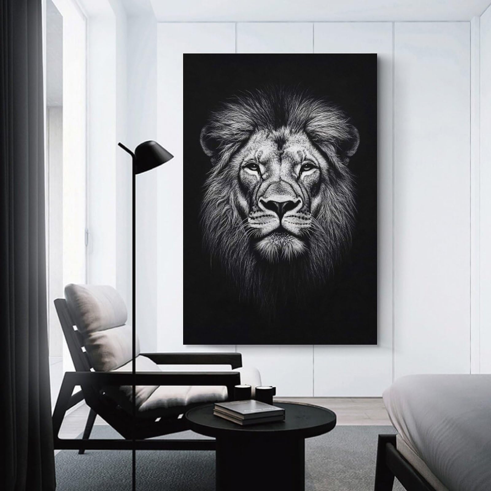 Junmoney Unframe-Style-13-1 Lion Portrait Black And White Canvas Wall Decor 20X30inch(50X75cm), For Study, Office Or Focused Interiors, Wall Art That Adds Style To Work Areas